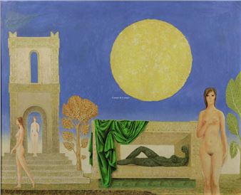 A surreal landscape featuring a large yellow moon, classical architecture, and nude figures in an idyllic setting.