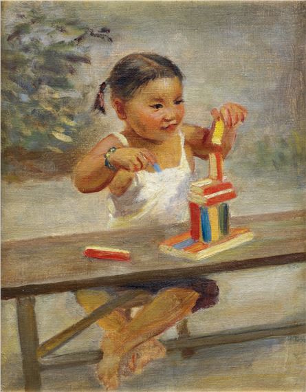 Little Girl Playing with Building Blocks