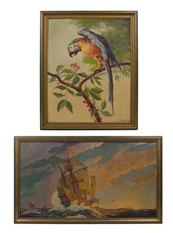 1930, both signed and dated lower right, depicting a parrot and a Spanish ship, in gold-tone wood frames - Joe Nance
