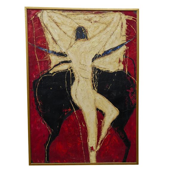 A dramatic painting of a nude figure embracing a dark horse against a bold red background.