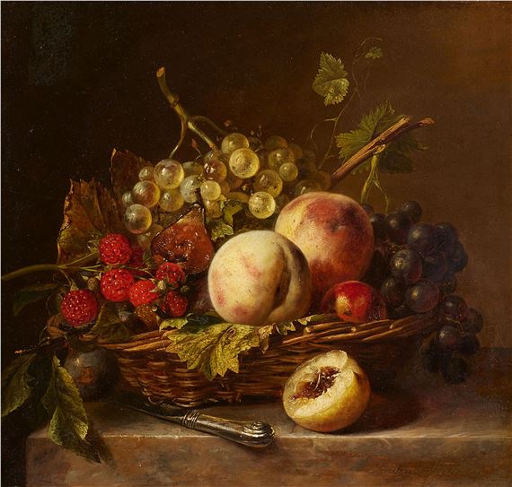 Still life with fruit in a basket by Adriana Johanna Haanen