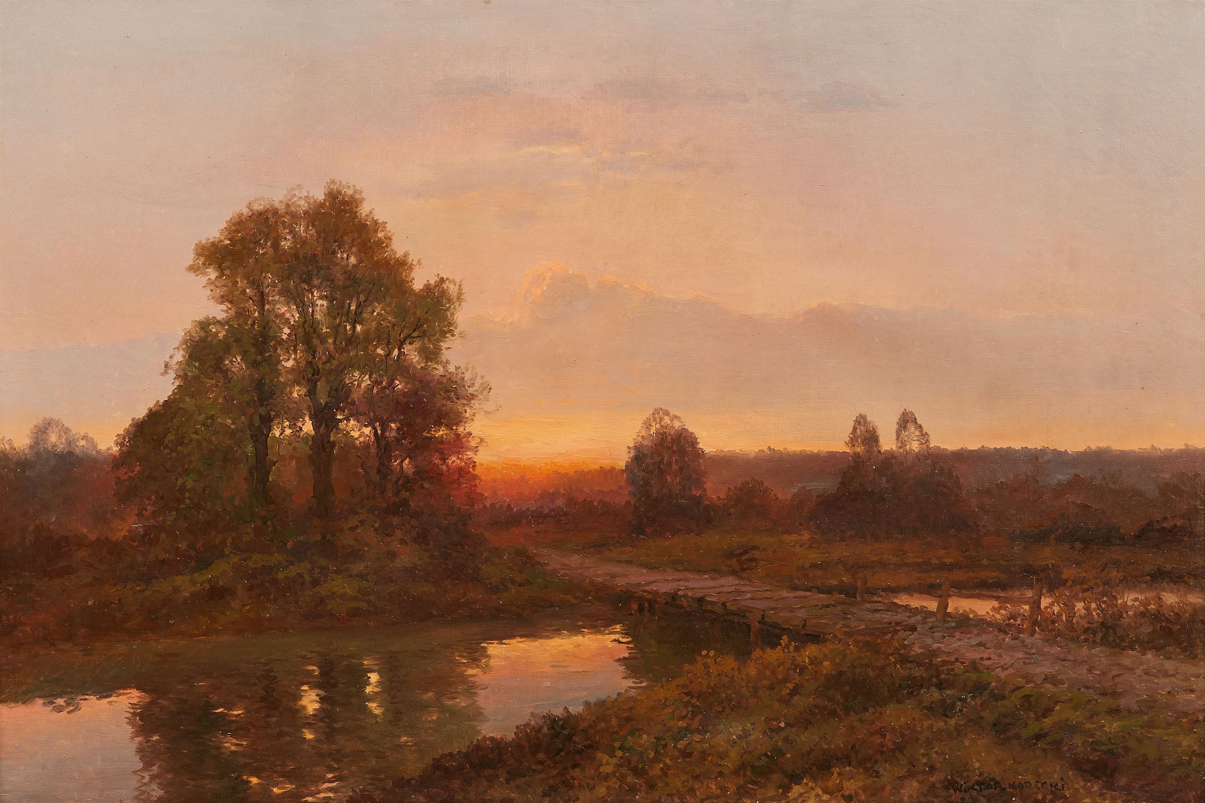 Wiktor Korecki | Evening River Landscape with a Bridge | MutualArt