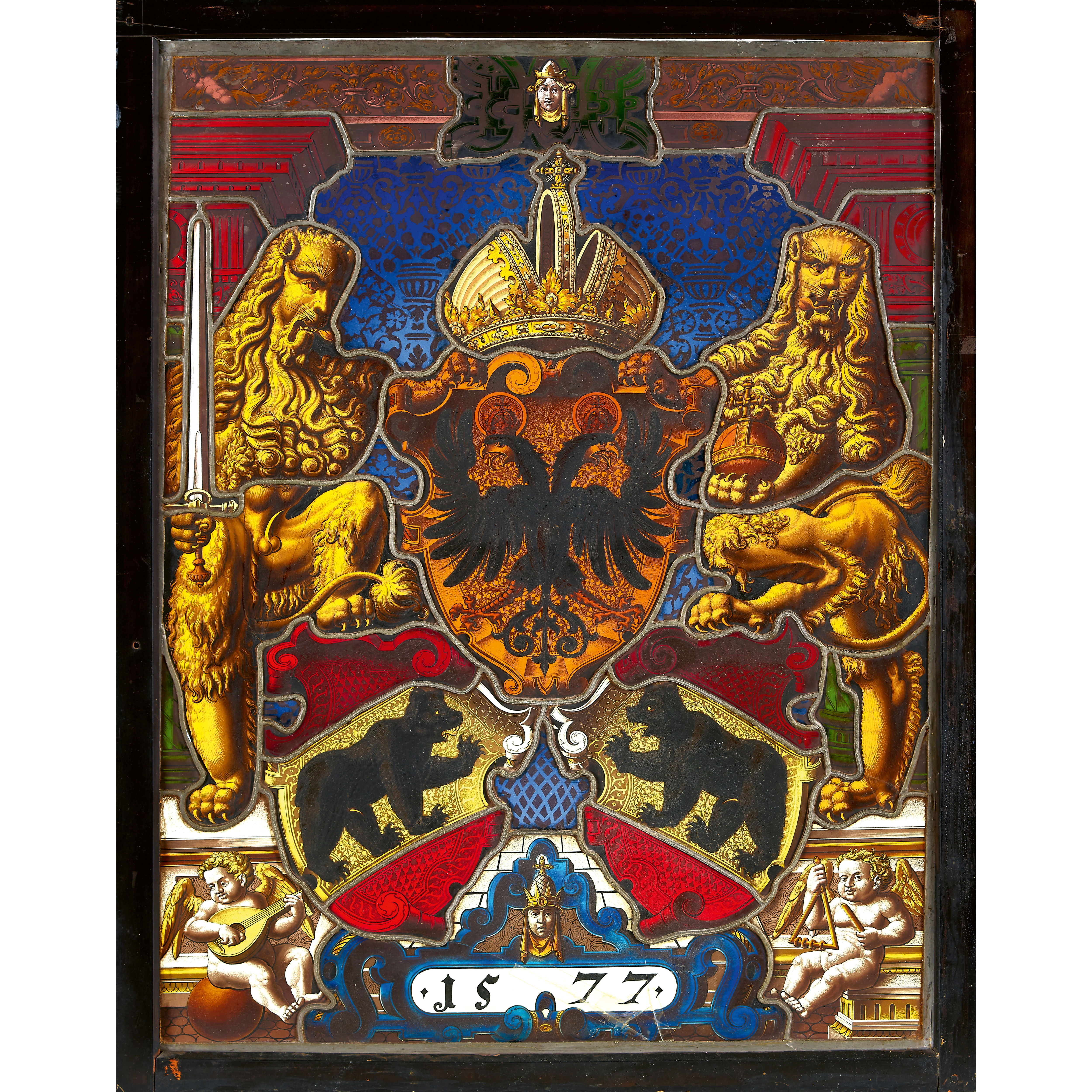 Artwork by Swedish School, 19th Century, WAPPENSCHEIBE, Made of Colorless and colored glass, painted with black solder, silver yellow, and enamel