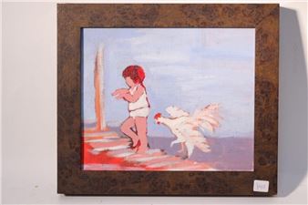 Acrylic on board. "A Rooster Attack". 10 x 12". - Joanne Gullachsen