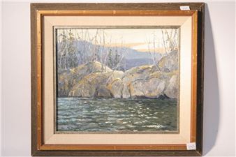 Acrylic on board. Rocky lakeshore landscape. 12 x 13". - Dave Ripley