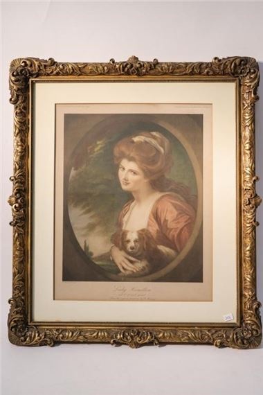 Colour engraving. "Lady Hamilton and her favourite spaniel". 14 x 11.5". by George Romney
