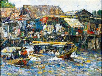 Homes on the Waterway, Thailand (titled on stretcher - Patamares Livisit