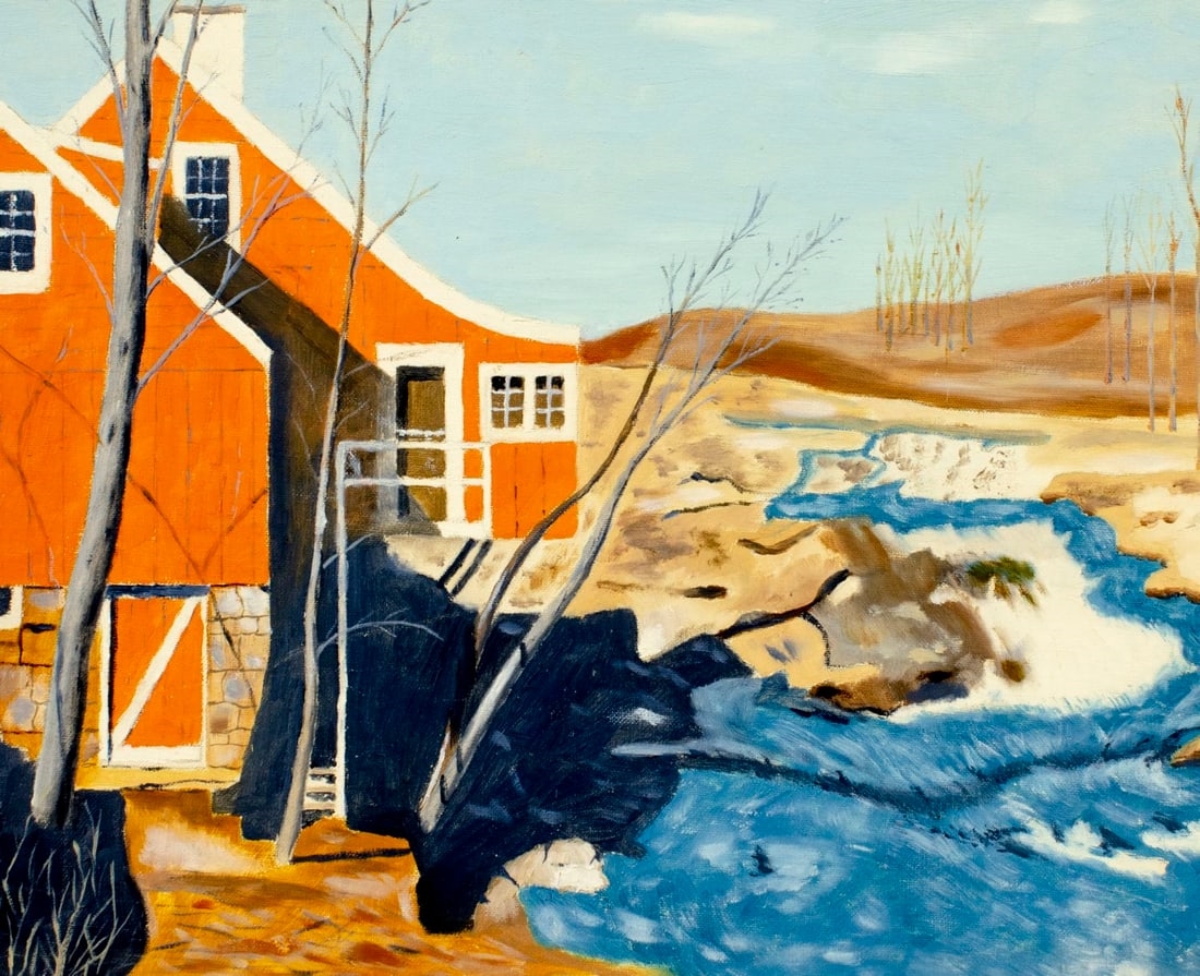 Artwork by Ernest J. Hutchins, River Landscape with Cottage, Made of oil on canvas board