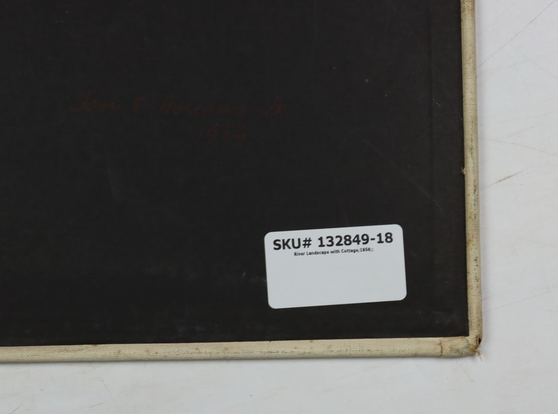 Artwork by Ernest J. Hutchins, River Landscape with Cottage, Made of oil on canvas board