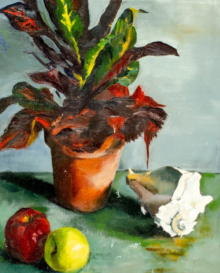 Nevada Carr | Still Life with Flower Pot, Shell and Apples | MutualArt