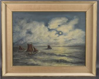 'Outward Bound Moonlight' seascape with fishing boats leaving harbour - Bernard H. Stock