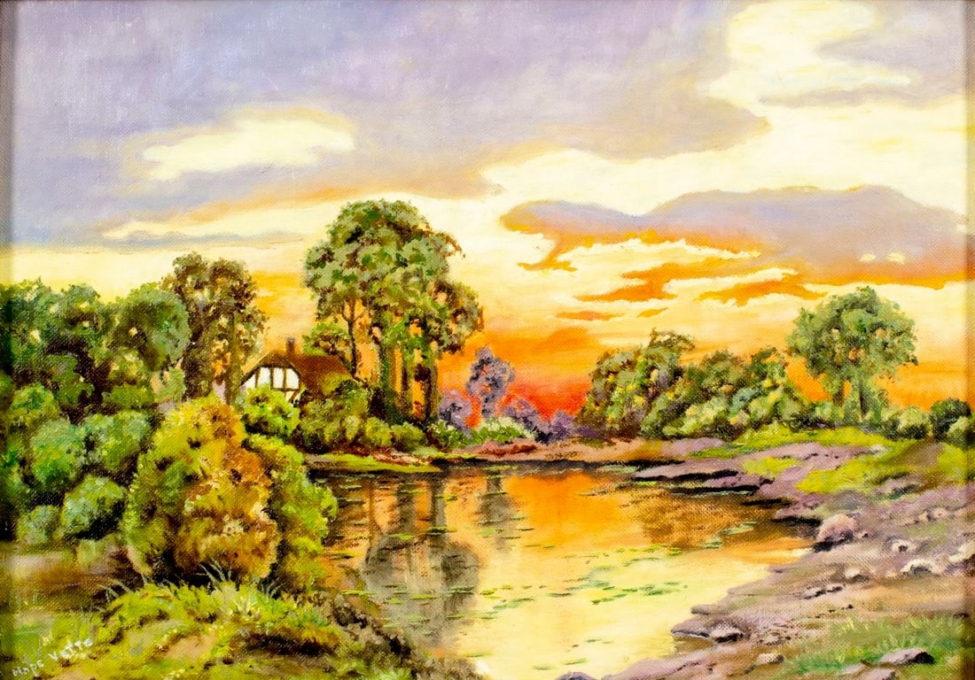 Artwork by Hope Vette, Sunset Pond Landscape, Made of oil on canvas. Canvas applied to board