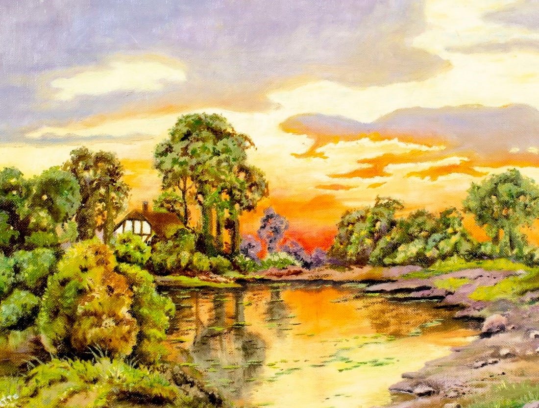 Artwork by Hope Vette, Sunset Pond Landscape, Made of oil on canvas. Canvas applied to board