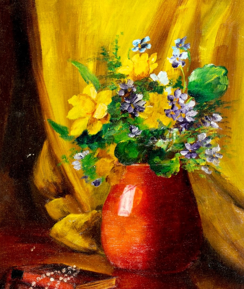Artwork by Mary Ann Vogl, Still Life with Books and Vase of Flowers, Made of oil on canvas board