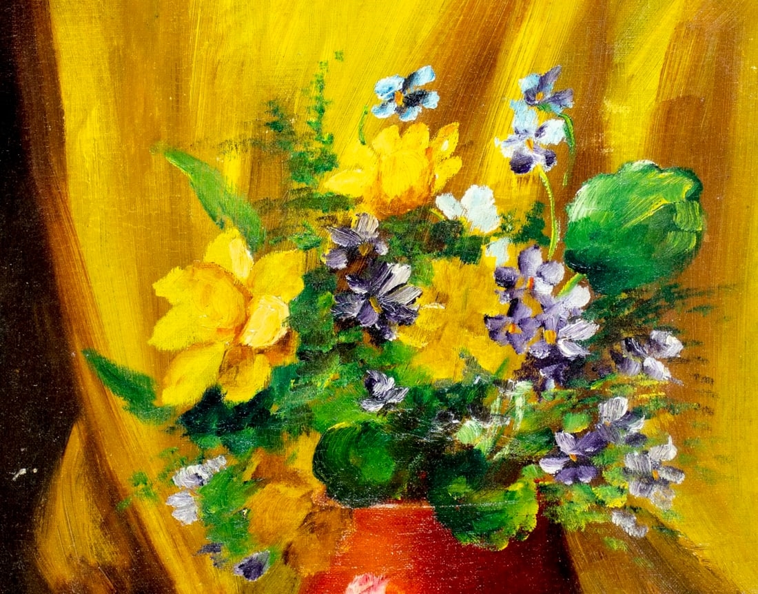 Artwork by Mary Ann Vogl, Still Life with Books and Vase of Flowers, Made of oil on canvas board