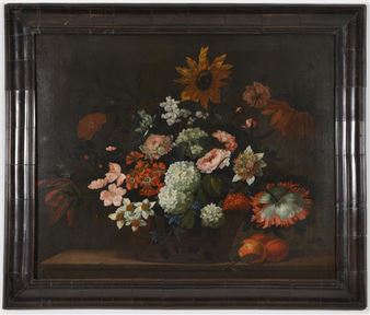 John Baptiste Manoyer school old master still life depicting basket of flowers and fruit on a stone ledge. Oil on canvas. Relined. Early Dutch style frame. Sight: 26.5 x 32in. Overall: 31.5 x 37in. - John Baptiste Manoyer