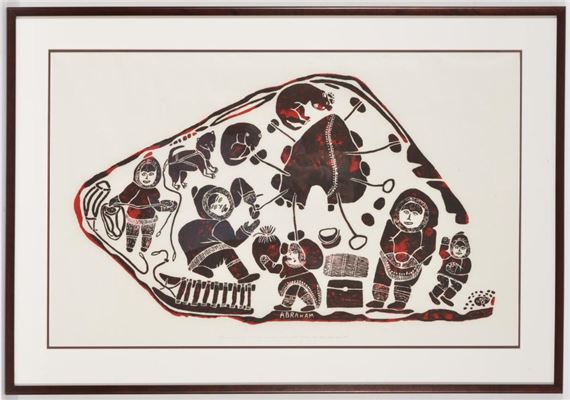 Inuit color lithograph depicting figures and dogs within a campsite. Attributed to Abraham Irquq. Pencil numbered 11/50, dated 1987, and inscribed along lower edge. Framed under glass. Sight: 23 x 36.5in. Overall: 31 ... - Abraham Niaquq Irquq