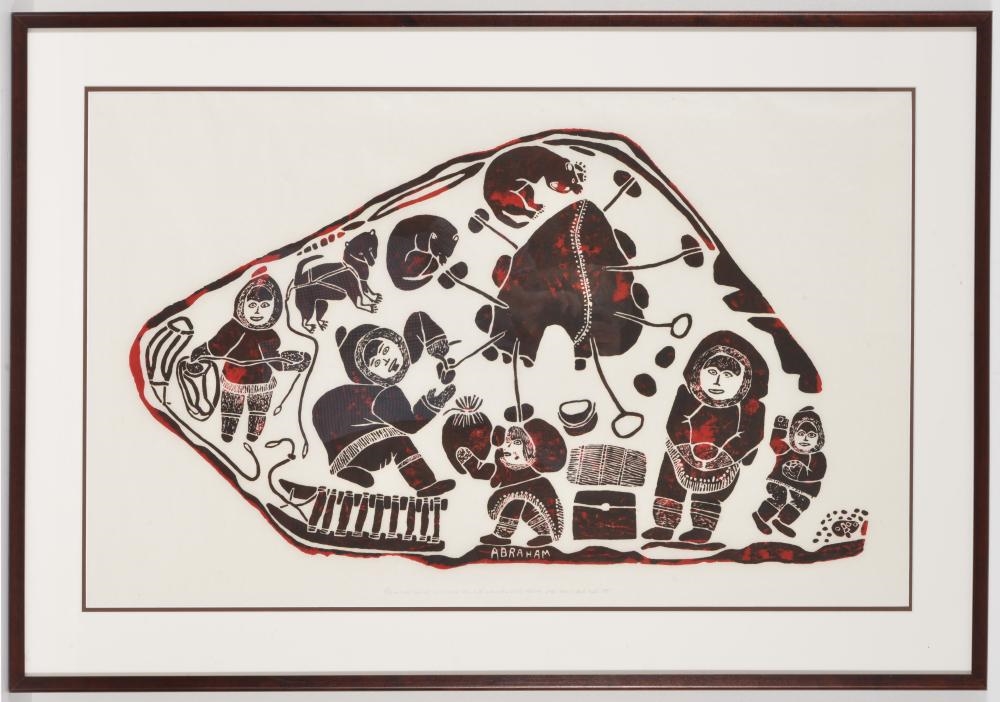 Artwork by Abraham Niaquq Irquq, Inuit color lithograph depicting figures and dogs within a campsite. Attributed to Abraham Irquq. Pencil numbered 11/50, dated 1987, and inscribed along lower edge. Framed under glass. Sight: 23 x 36.5in. Overall: 31 ..., Made of color lithograph