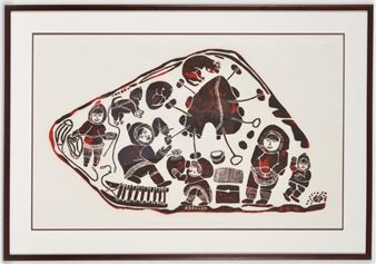 Inuit color lithograph depicting figures and dogs within a campsite. Attributed to Abraham Irquq. Pencil numbered 11/50, dated 1987, and inscribed along lower edge. Framed under glass. Sight: 23 x 36.5in. Overall: 31 ... - Abraham Niaquq Irquq