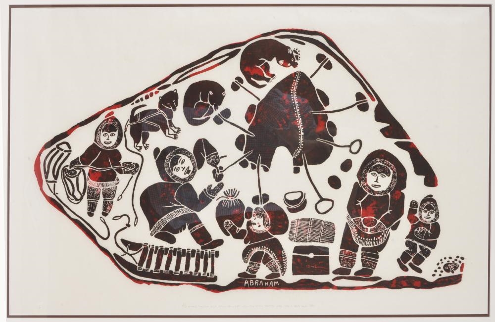Artwork by Abraham Niaquq Irquq, Inuit color lithograph depicting figures and dogs within a campsite. Attributed to Abraham Irquq. Pencil numbered 11/50, dated 1987, and inscribed along lower edge. Framed under glass. Sight: 23 x 36.5in. Overall: 31 ..., Made of color lithograph