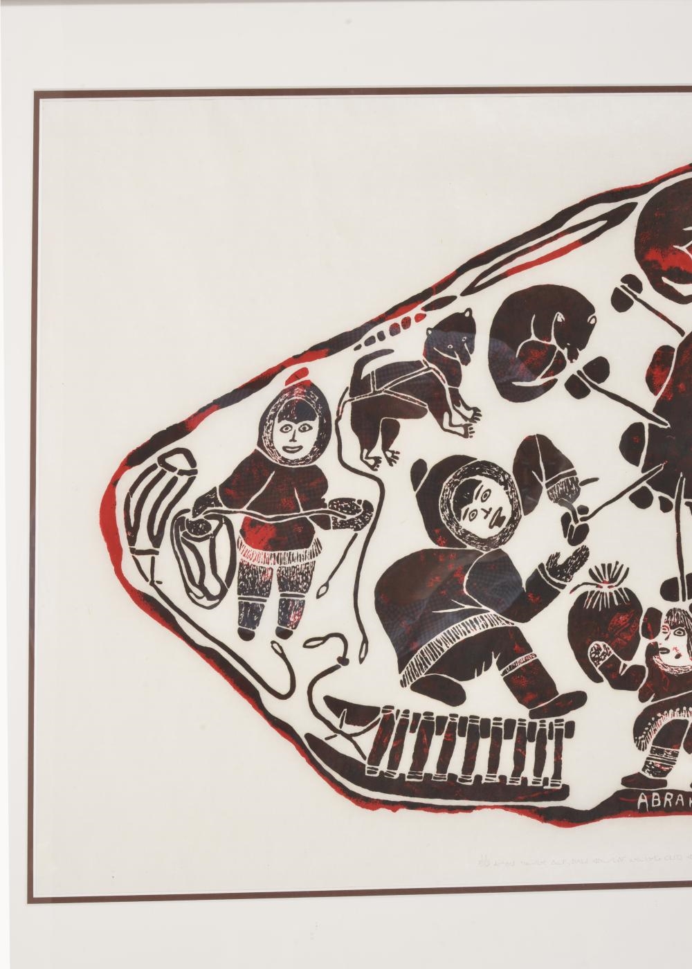 Artwork by Abraham Niaquq Irquq, Inuit color lithograph depicting figures and dogs within a campsite. Attributed to Abraham Irquq. Pencil numbered 11/50, dated 1987, and inscribed along lower edge. Framed under glass. Sight: 23 x 36.5in. Overall: 31 ..., Made of color lithograph