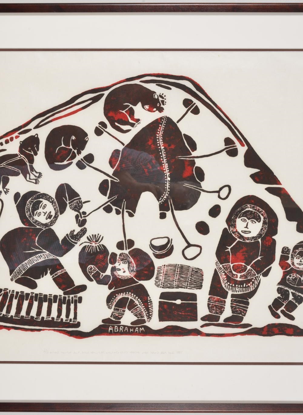 Artwork by Abraham Niaquq Irquq, Inuit color lithograph depicting figures and dogs within a campsite. Attributed to Abraham Irquq. Pencil numbered 11/50, dated 1987, and inscribed along lower edge. Framed under glass. Sight: 23 x 36.5in. Overall: 31 ..., Made of color lithograph