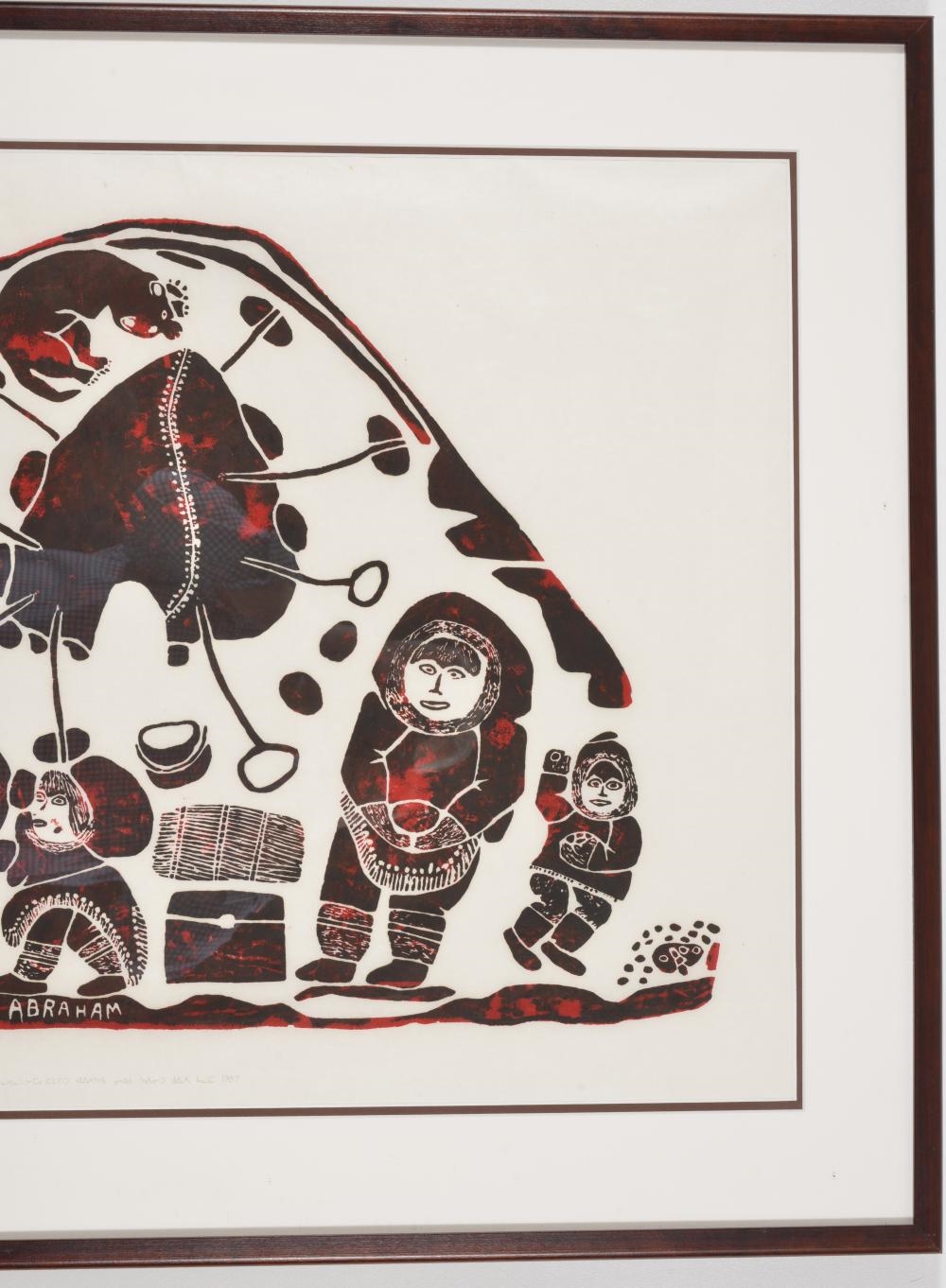 Artwork by Abraham Niaquq Irquq, Inuit color lithograph depicting figures and dogs within a campsite. Attributed to Abraham Irquq. Pencil numbered 11/50, dated 1987, and inscribed along lower edge. Framed under glass. Sight: 23 x 36.5in. Overall: 31 ..., Made of color lithograph