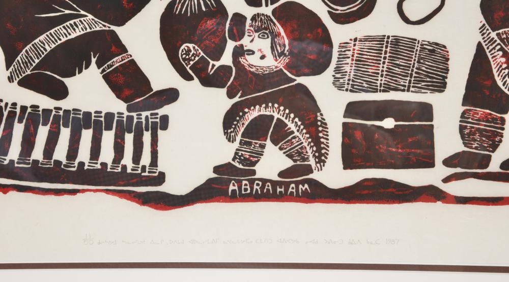 Artwork by Abraham Niaquq Irquq, Inuit color lithograph depicting figures and dogs within a campsite. Attributed to Abraham Irquq. Pencil numbered 11/50, dated 1987, and inscribed along lower edge. Framed under glass. Sight: 23 x 36.5in. Overall: 31 ..., Made of color lithograph