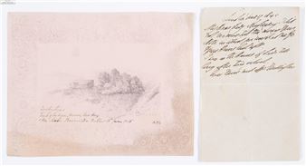 A vintage letter featuring a delicate charcoal sketch of a landscape with trees and a distant structure.