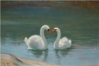 Study of two swans; coastal scene with sailing vessels - Louis Gianoli
