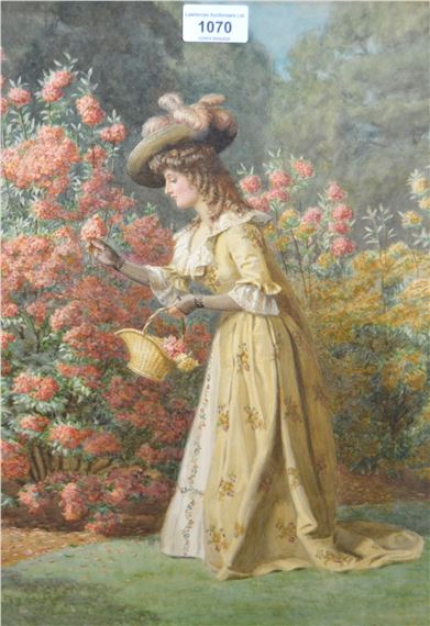 An Edwardian lady gathering summer flowers in a garden - Herbert P. Dollman