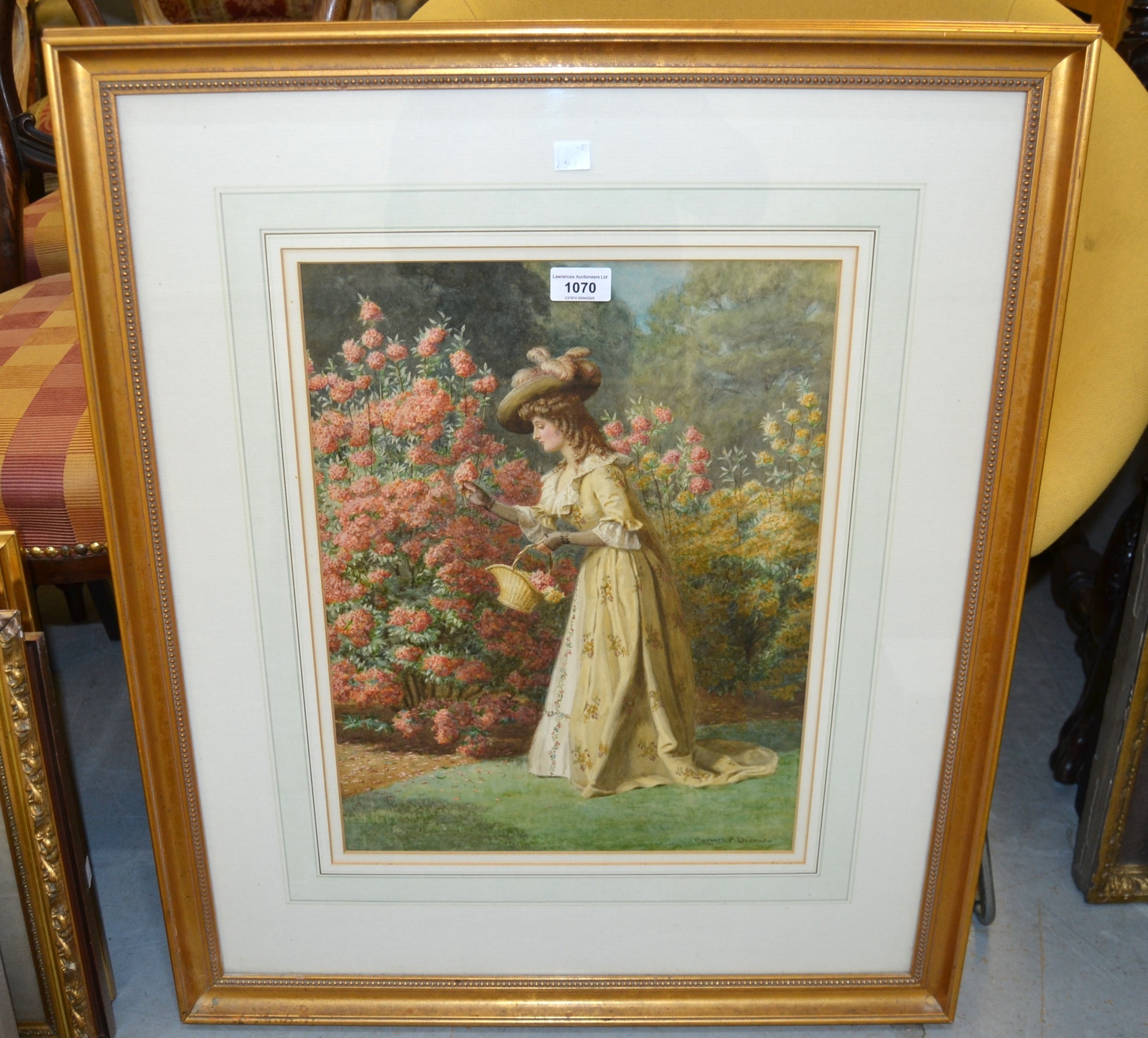 Artwork by Herbert P. Dollman, An Edwardian lady gathering summer flowers in a garden, Made of watercolour