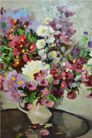 Still life vase of flowers in a white jug by Edward Wesson, 20th Century