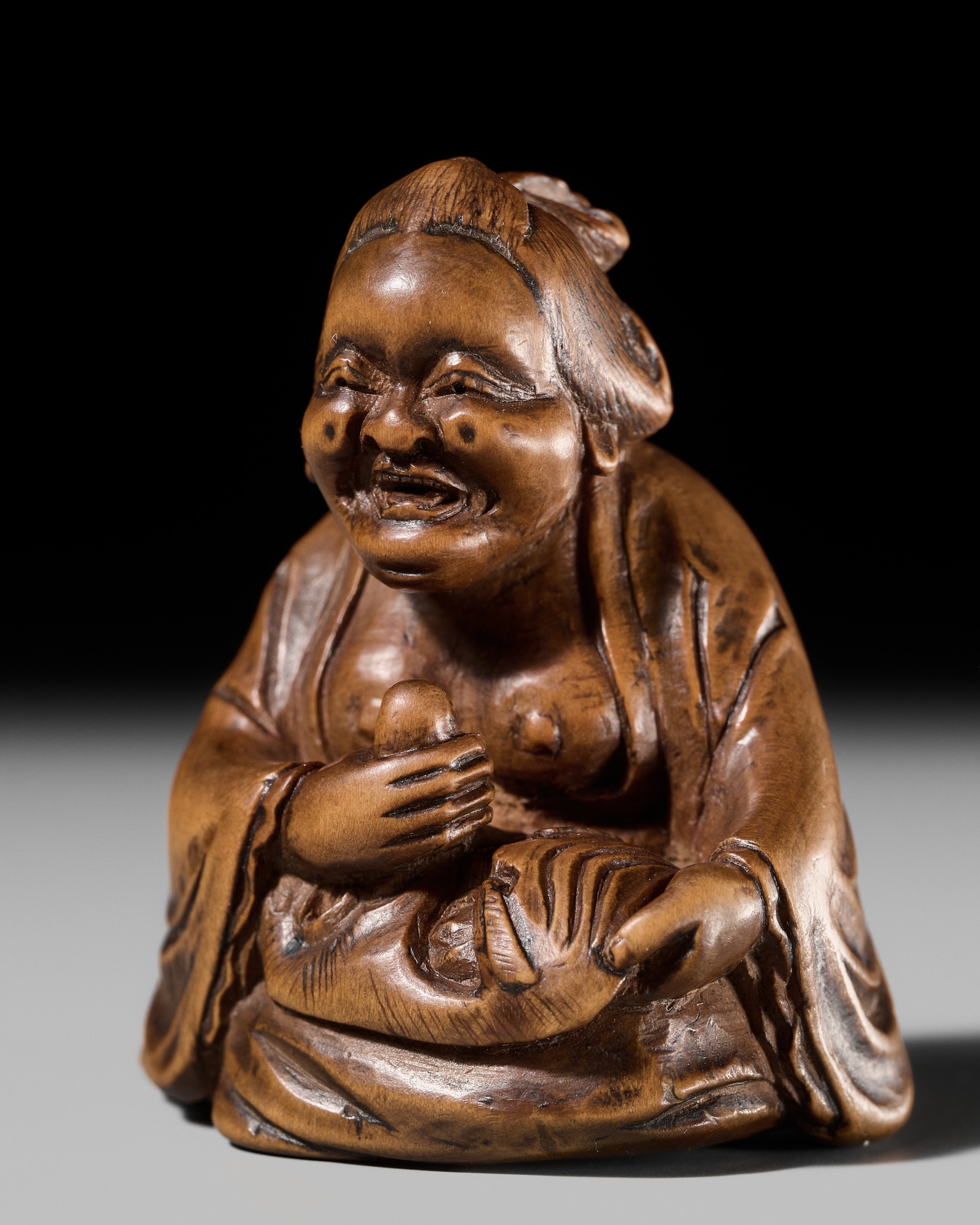 Ono Shoraku | ONO SHORAKU: A WOOD SHUNGA NETSUKE OF OKAME AND TENGU ...