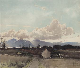 A watercolor landscape of a rural road leading toward distant mountains under a dramatic sky.