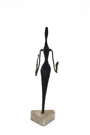 Bronze figure in marble base in a plexgilas case.