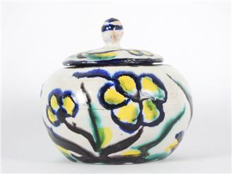 Polychrome enameled ceramic covered pot with flower design - Jean Renoir