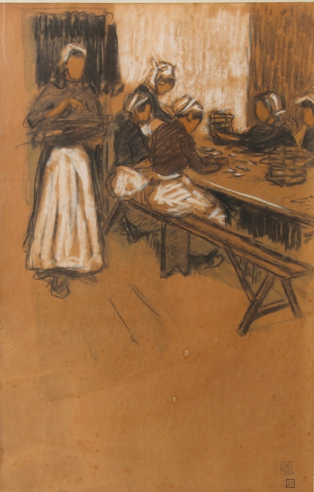 Artwork by John Herman Recknagel, « Bretonnes à la sardinerie », Made of pastel and chacoal