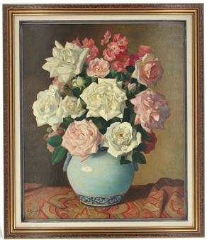 « Bouquet de roses au vase en faïence de Quimper » - Jules Joseph Henriette