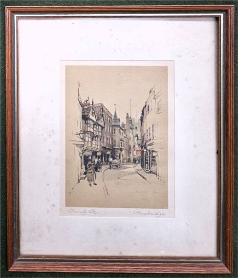 Small colour tinted print by Marjorie Bates depicting Trinity St, Cambridge. Approx. 19.5 x 14cms by Marjorie Bates