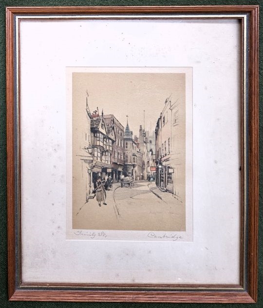 Artwork by Marjorie Bates, Small colour tinted print by Marjorie Bates depicting Trinity St, Cambridge. Approx. 19.5 x 14cms, Made of glass