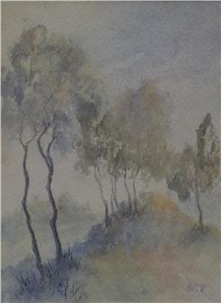 “HILLTOP” ORIGINAL GOUACHE FRAMED UNDER NON-REFLECTIVE GLASS - Nita Vestergaard