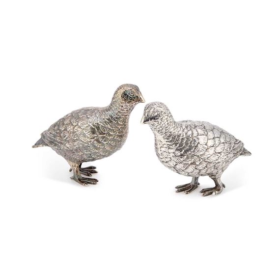 A PAIR OF ELIZABETH II CAST SILVER MODELS OF PARTRIDGE by Edward Barnard, 1964