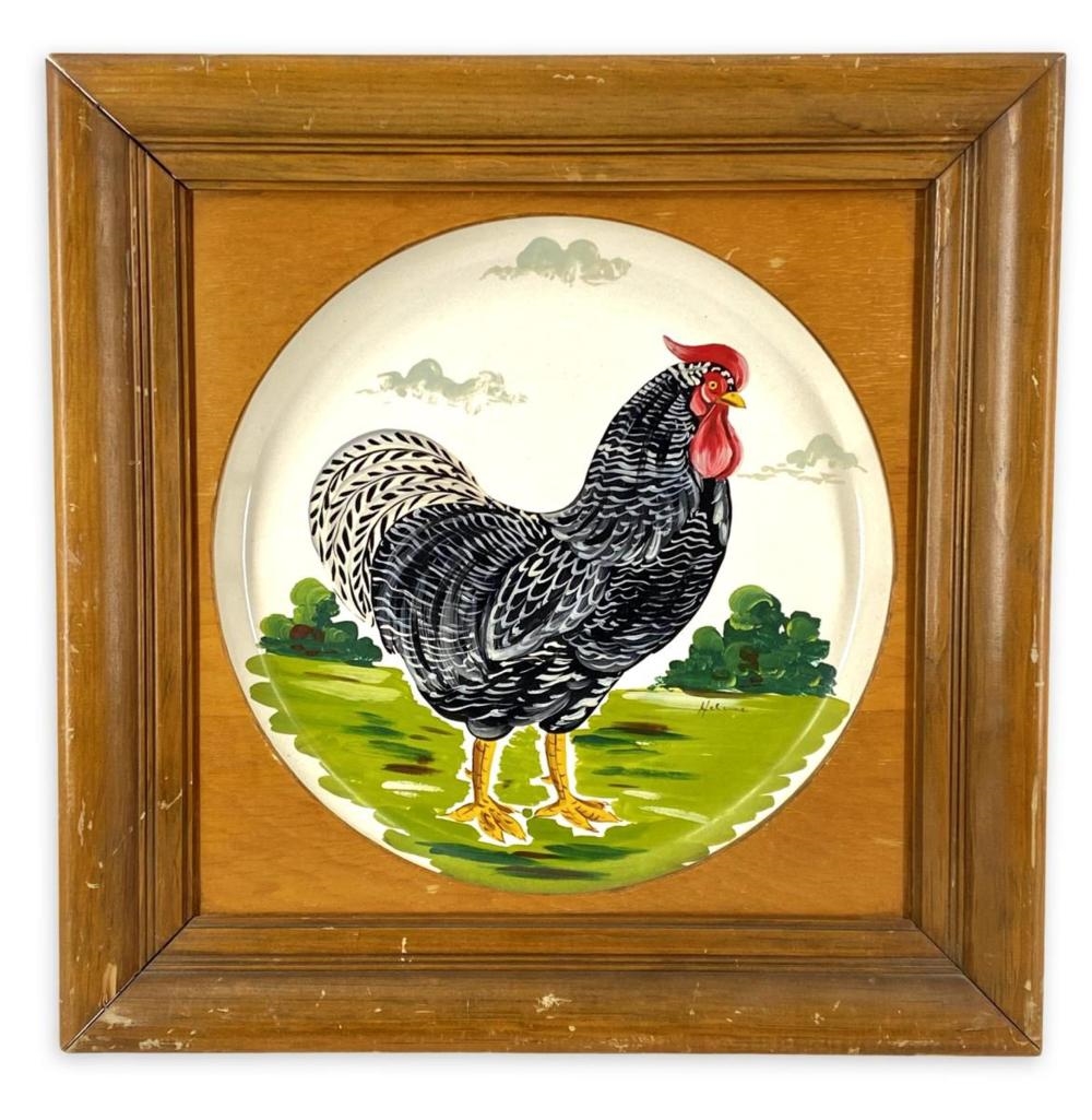 Artwork by Helene, Framed Signed Helene Painted Rooster Art Plate, Made of Plate