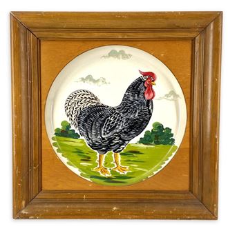 Framed Signed Helene Painted Rooster Art Plate - Helene