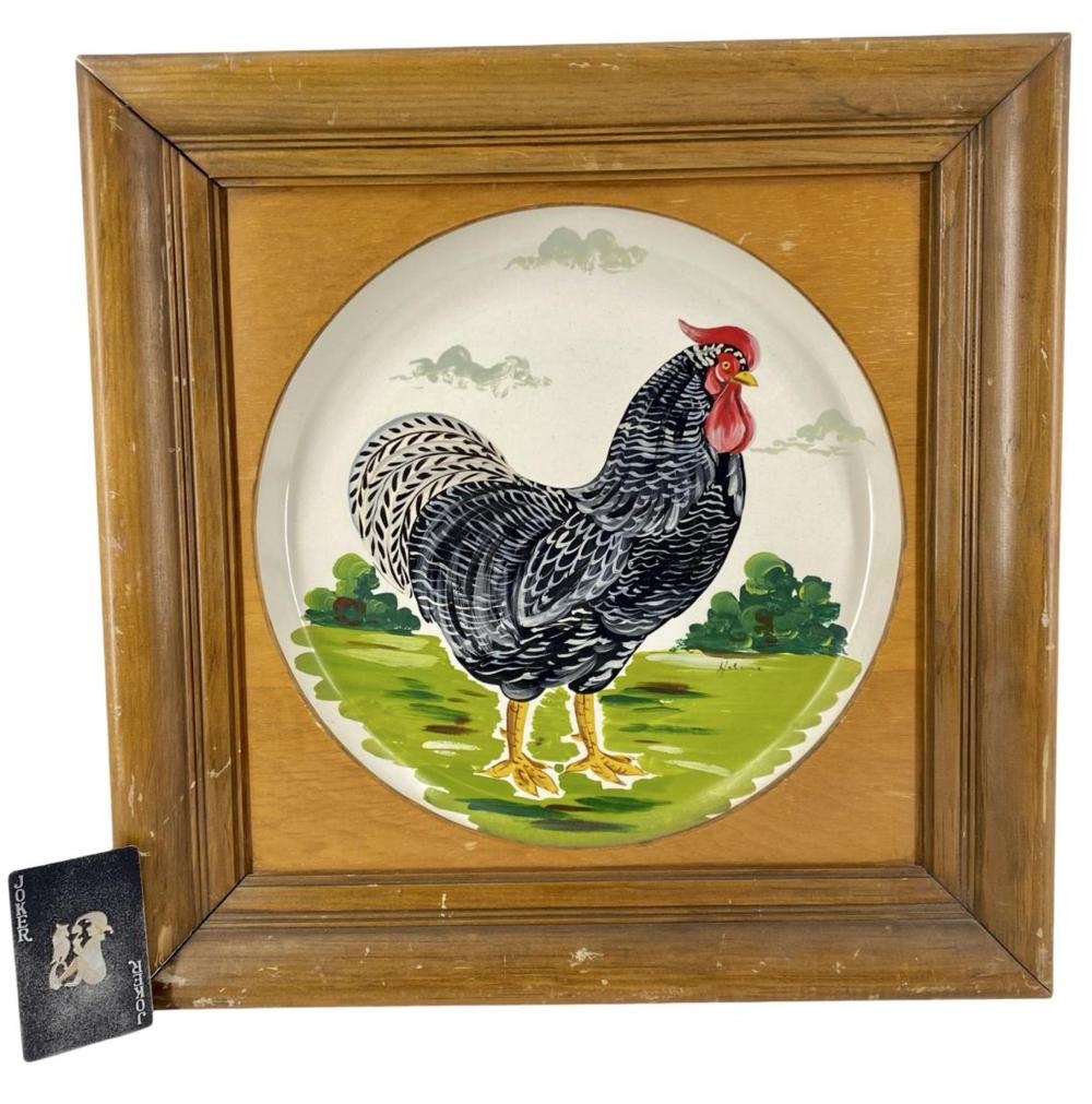 Artwork by Helene, Framed Signed Helene Painted Rooster Art Plate, Made of Plate