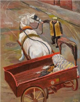 Horse and Cart with Figure in City Street - Joe Lasker
