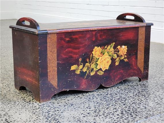 Artwork by Aaron Bird, 1920s/30s pokerwork and temper storage seat with floral motif (50 x 94 x 41cm