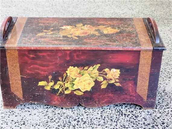 Artwork by Aaron Bird, 1920s/30s pokerwork and temper storage seat with floral motif (50 x 94 x 41cm