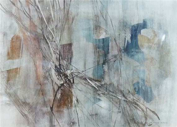 An abstract composition featuring a central cluster of thin, dark lines against a muted background of vertical color blocks.